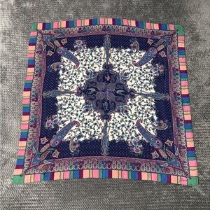 Ugna Vintage Vibrant Paisley Silk Scarf in Navy, White & Pink.